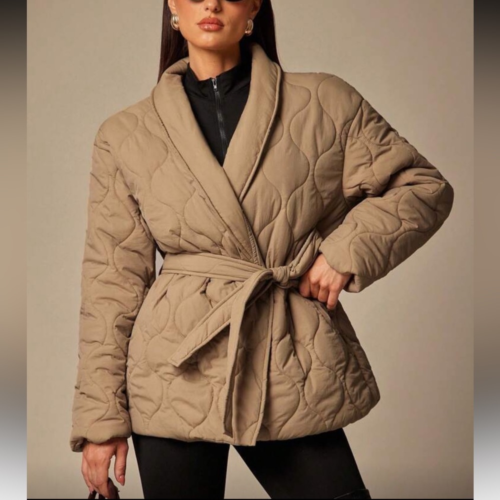 Beige belted tie belt puffer jacket